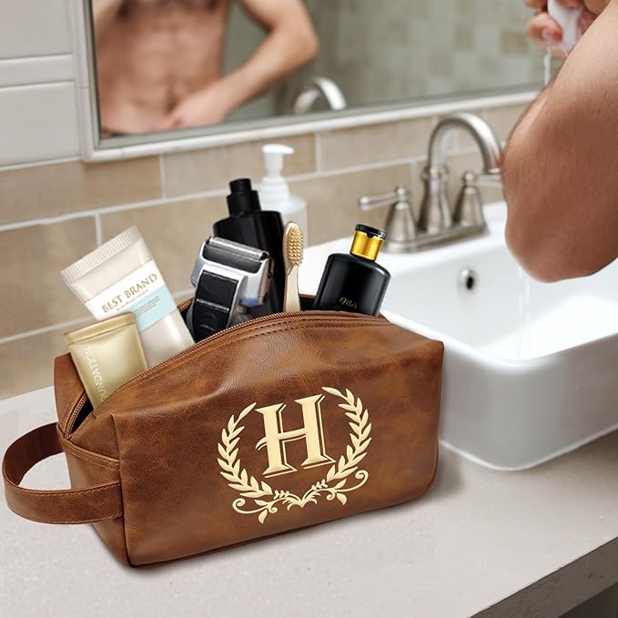 Engraved Letter Toiletry Bag Leather Waterproof Travel Kit, Personalized Gifts for Dad Husband Boyfriend (H)