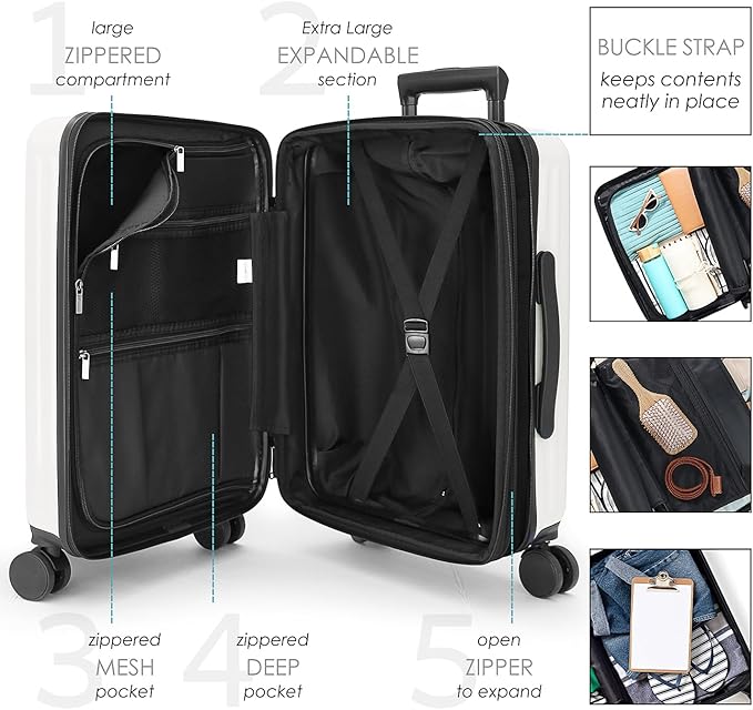 TRAVELARIM 22 Inch Carry On Luggage 22x14x9 Airline Approved, Small Carry On Suitcase, Hard-shell Carry-on Luggage with Wheels, Durable White Luggage Carry-On with Cosmetic Case and Luggage Scale