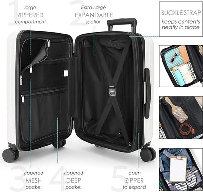 TRAVELARIM 22 Inch Carry On Luggage 22x14x9 Airline Approved, Small Carry On Suitcase, Hard-shell Carry-on Luggage with Wheels, Durable White Luggage Carry-On with Cosmetic Case and Luggage Scale