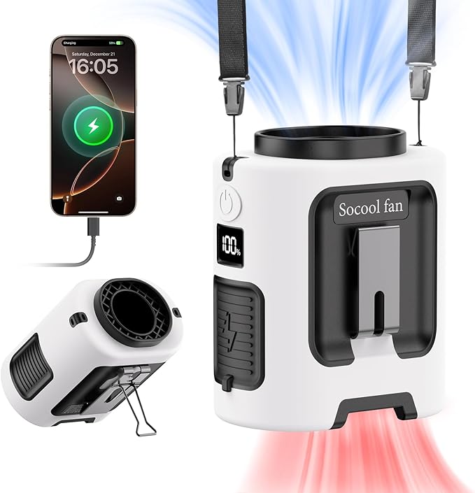 Socool Portable Waist Fan Clip on Wearable Belt 5000mAh Rechargeable Personal Fans, 25H Shirt Fan Cooling, 4 Speeds 13000RPM Battery Operated, Neck Fan Hanging for Outdoor Camping Travel Jobsite