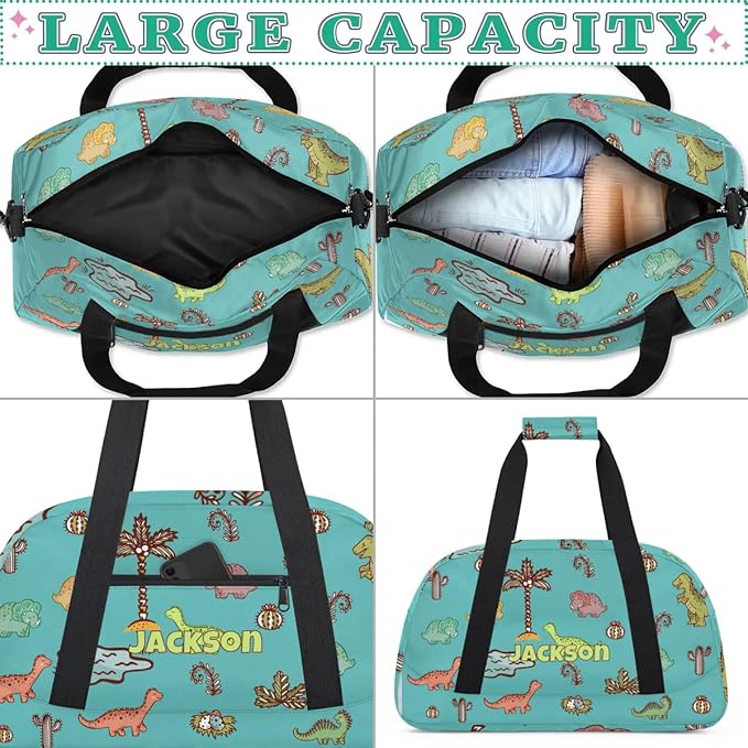 Personalized Duffel Bag for Kids Girls Boys, Dinosaurs Custom Name Gym Bag Overnight with Padded Handles Carry On Weekend Sports Travel Bag for School Practice Gymnastics Ballet