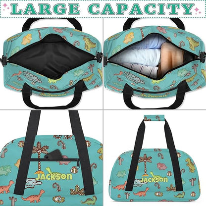 Personalized Duffel Bag for Kids Girls Boys, Dinosaurs Custom Name Gym Bag Overnight with Padded Handles Carry On Weekend Sports Travel Bag for School Practice Gymnastics Ballet