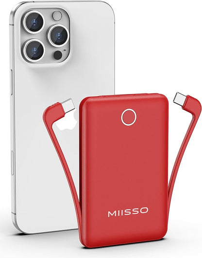 miisso 10000mAh Compatible with iPhone 15/16/17 and Android, Slim Portable Charger with Built in Cable, Power Bank Travel Charger External Battery Pack for Phone, 3 Output USB Type C Cord, Red