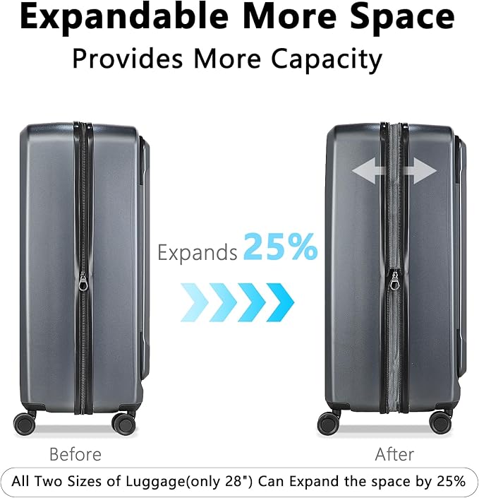 28 Inch Luggage with Spinner Wheels & TSA Lock, Expandable PC Hardside Large Checked Luggage with Top Opening, Durable Lightweight Rolling Suitcase, Gray