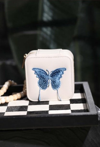 S.Leaf Travel Jewelry Organizer Boxes for Women Small Portable Necklace Earrings Bracelet Rings Travel Case Best Friend Birthday Gifts for Women Trendy (Butterfly_Beige_Blue)