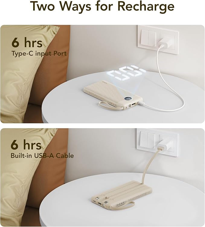 VRURC Portable Charger Power Bank,10000mAh Travel Essentials Battery Pack, 5 Outputs 2 Inputs Slim USB C Charging Bank Built-in Cables Cords for iPhone 17 16 15 13,Samsung,Android-Light Coffee(1 Pack)