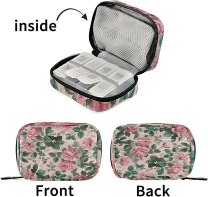 Pink Vintage Roses with Leaves Travel Pill Organizer Case Box Container Weekly Portable Vitamin Medicine Holder Storage Bag with Zipper Removable