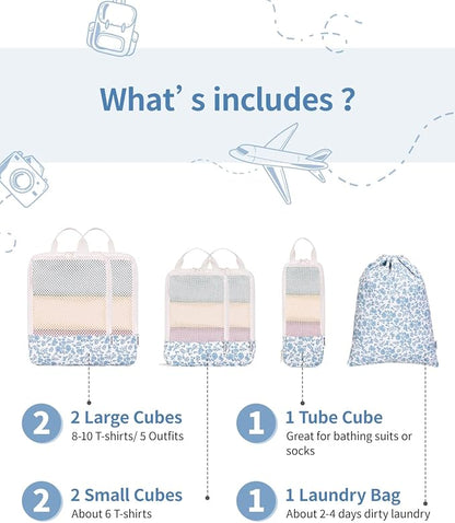 Narwey 6 Set Compression Packing Cubes for Travel Kids Women Carry on, Packing Organizers Bag for Backpack Luggage Suitcase Duffle Bags