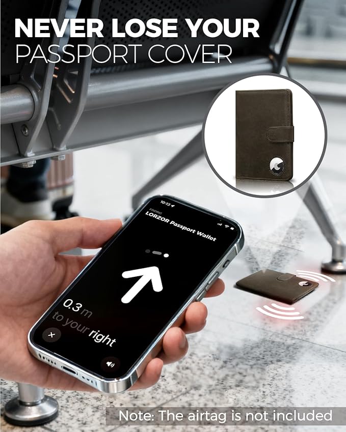 LORZOR Passport Holder for Travel: Full Grain Leather Passport Cover with Airtag Holder Magnetic Buckle for Men - RFID Blocking Bifold Wallet for Air Ticket Card Cash Coin (Black-yellow)