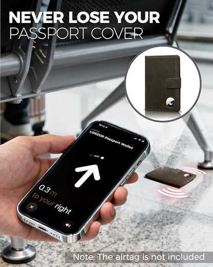 LORZOR Passport Holder for Travel: Full Grain Leather Passport Cover with Airtag Holder Magnetic Buckle for Men - RFID Blocking Bifold Wallet for Air Ticket Card Cash Coin (Black-yellow)