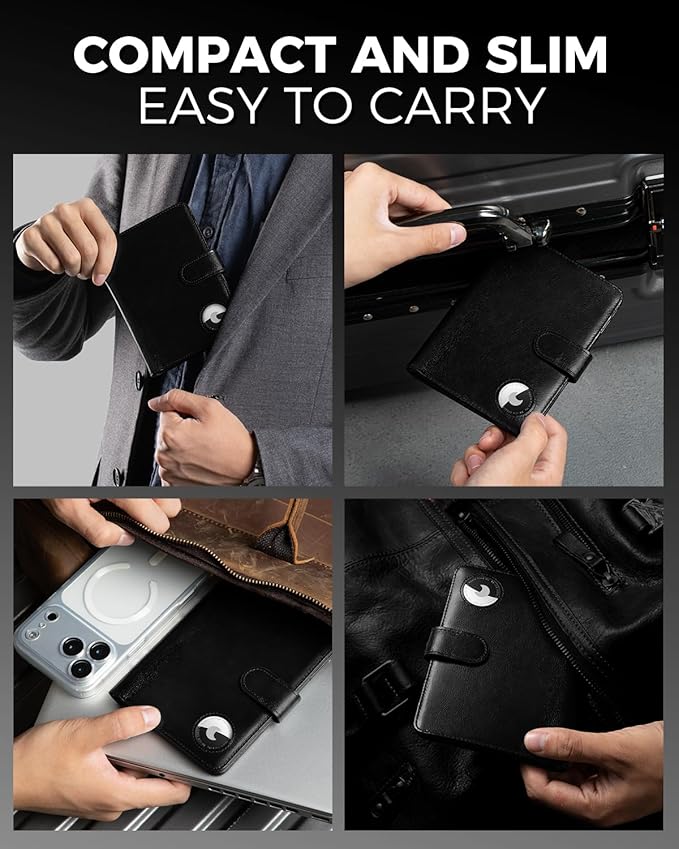 LORZOR Passport Holder for Travel: Full Grain Leather Passport Cover with Airtag Holder Magnetic Buckle for Men - RFID Blocking Bifold Wallet for Air Ticket Card Cash Coin (Black)