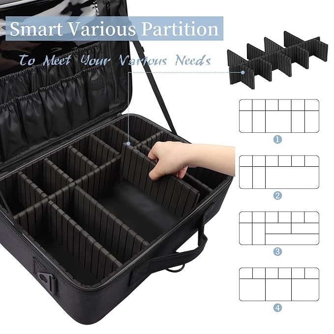 gzcz Large Capacity Travel Makeup Train Case,Professional Cosmetic Bags for Women,Portable Makeup Brush Bag Organizer Storage with Adjustable Dividers and Shoulder Strap