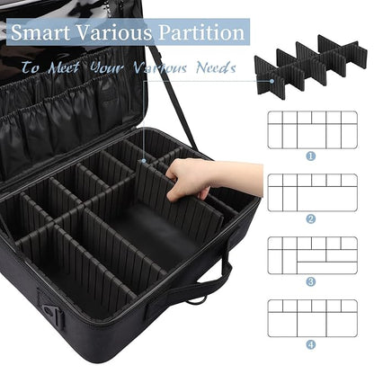 gzcz Large Capacity Travel Makeup Train Case,Professional Cosmetic Bags for Women,Portable Makeup Brush Bag Organizer Storage with Adjustable Dividers and Shoulder Strap