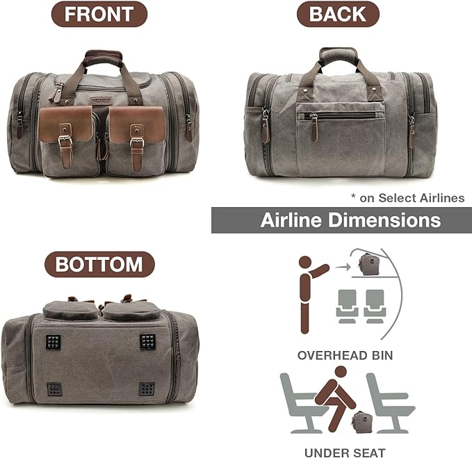 Wildroad 50L Travel Duffel Bag, Expandable Canvas Genuine Leather Duffle Bag Upgraded Overnight Weekender Carry on Bag