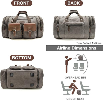Wildroad 50L Travel Duffel Bag, Expandable Canvas Genuine Leather Duffle Bag Upgraded Overnight Weekender Carry on Bag