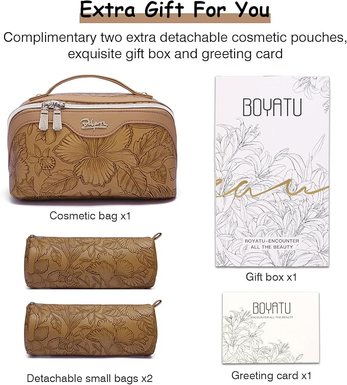 BOYATU Travel Makeup Bags Cosmetic Organizer Bag: 3-Set Large Capacity Make up Bag - PU Leather Toiletry Bags for Women - Wide Open Portable Pouch with Divider & Handle (01-Z-Brown)