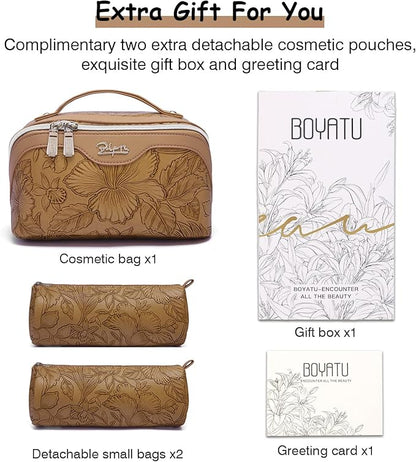 BOYATU Travel Makeup Bags Cosmetic Organizer Bag: 3-Set Large Capacity Make up Bag - PU Leather Toiletry Bags for Women - Wide Open Portable Pouch with Divider & Handle (01-Z-Brown)