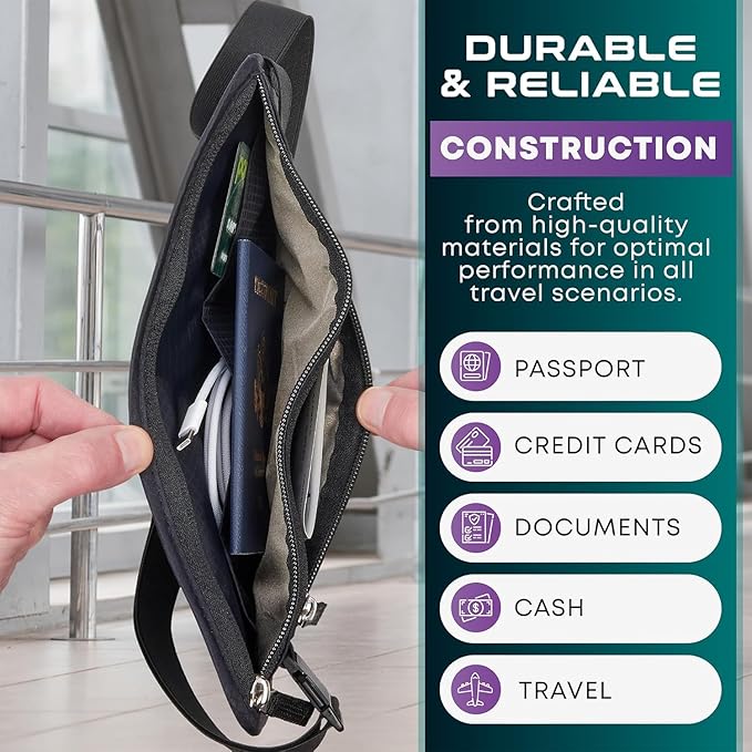 Travel Money Belt & Passport Holder - RFID Blocking Slim Travel Wallet & Fanny Pack for Men and Women - Essential Travel Pouch for Cash, Credit Cards, and Documents (Grey)