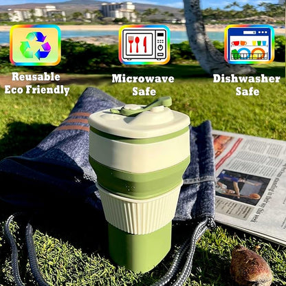 Collapsible Silicone Cup, Safe & Portable, for Hot & Cold Drinks, 18.6 oz (550 ml) - Travel, Camping, Office, and More – Sage Green
