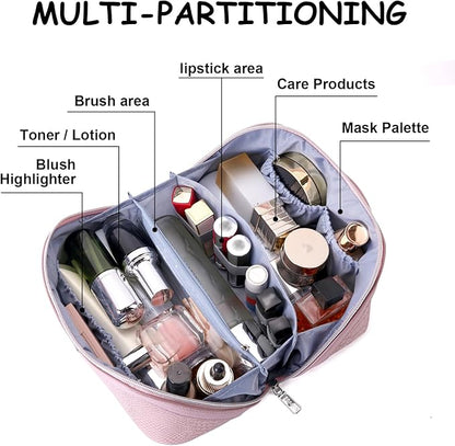 BOYATU Travel Makeup Bags for Women: 3 Pcs Set Wide Open Cosmetic Bag - Portable Make up Bags with Handle - Vegan Leather Toiletry Organizer Bag with Divider (G-02-Pink)