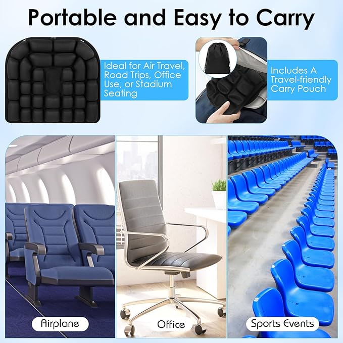 Portable Travel Cushion, Airplane Seat Cushion for Long Flights, Press Type Inflatable Seat Cushion for Long Sitting in Car, Air Travel, Office Chairs, Home Living