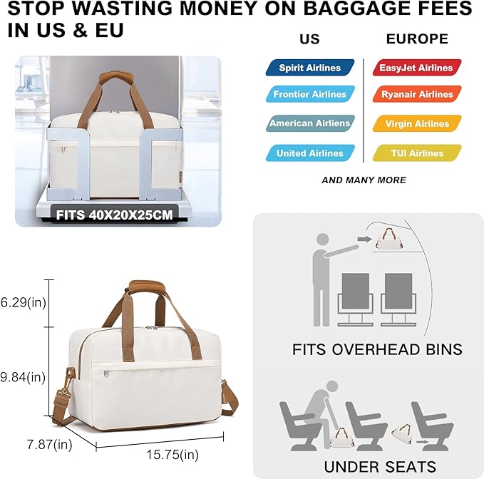 Kono Travel Duffel Bag 20L Under Seat Carry-on Bag Sports Tote Gym Bag Weekender Overnight Bags 15.75""x9.84""x7.87"" White, EA2369