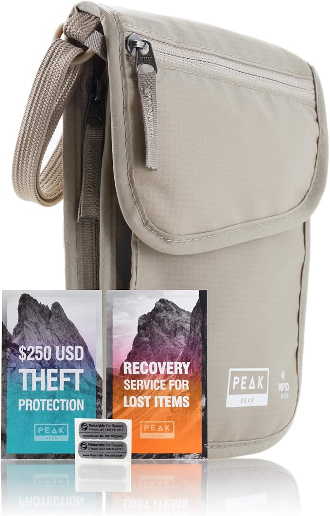 Peak Gear RFID Neck Wallet - The Original Travel Pouch with Adjustable Crossbody Strap + Theft Protection and Lost & Found Service | Beige