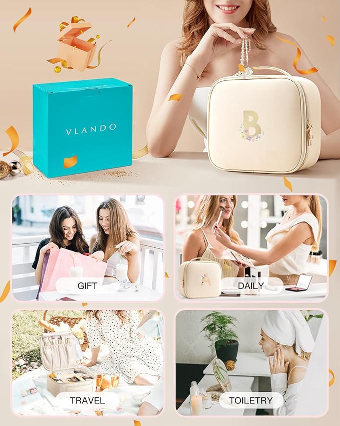 Vladno Graduation Gifts for Women,Personalized Makeup Bag,Makeup Orgainzer Bag with Dividers,Gift Ideas for Wedding Bride Bridemaids Friend(Letter B)