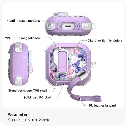 WENEW Case for AirPods 4th Case Cover Secure Lock Automatic Snap Switch Clip Cleaner Kit Lanyard Women Stylish Flower Armour Hard Shell Full Body Front LED Visible (Purple Butterfly, AirPods 4th)
