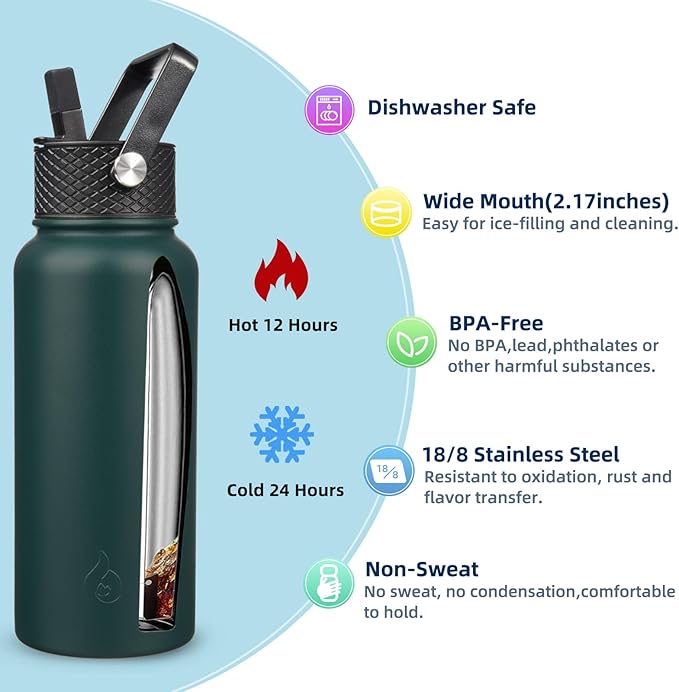 BJPKPK Insulated Water Bottles with Straw Lid, 32oz Metal Large Water Bottle with 3 Lids, Reusable Leak Proof BPA Free Thermo, Stainless Steel Tumblers for Sports, Gym, Travel-Army Green