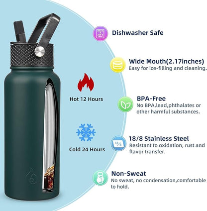 BJPKPK Insulated Water Bottles with Straw Lid, 32oz Metal Large Water Bottle with 3 Lids, Reusable Leak Proof BPA Free Thermo, Stainless Steel Tumblers for Sports, Gym, Travel-Army Green