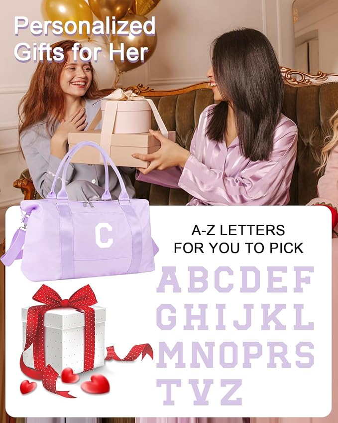 Daughter Niece Gifts for Teen Girl Kids, Initial Travel Duffel Bag Sports Gym Bag Personalized Gifts Weekender Bag，Monogram Overnight Bag Cute Dance Bag Birthday Bridesmaid Gifts for Women(Purple, C)