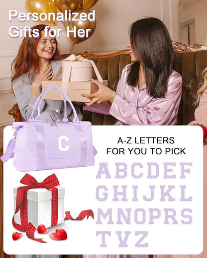 Daughter Niece Gifts for Teen Girl Kids, Initial Travel Duffel Bag Sports Gym Bag Personalized Gifts Weekender Bag，Monogram Overnight Bag Cute Dance Bag Birthday Bridesmaid Gifts for Women(Purple, C)