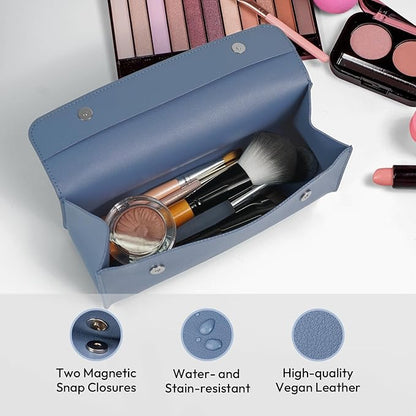 carrotez Stylish PU Leather Makeup Bag: Versatile Travel Toiletry Bag & Cosmetic Pouch, Small Makeup Organizer for Purse Essentials - Ideal Makeup Brush Holder & Sunglasses Case for Women - Soft Blue