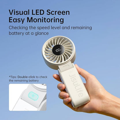 JISULIFE Handheld Fan Life7 – Ultimate Flexibility: High-Power Motor, LED Display, 19.5 Hrs Cooling, 5000mAh Rechargeable, 5-Speed, Foldable Design, 3-IN-1 Portable Fan for Travel Cruise Beach(Grey)