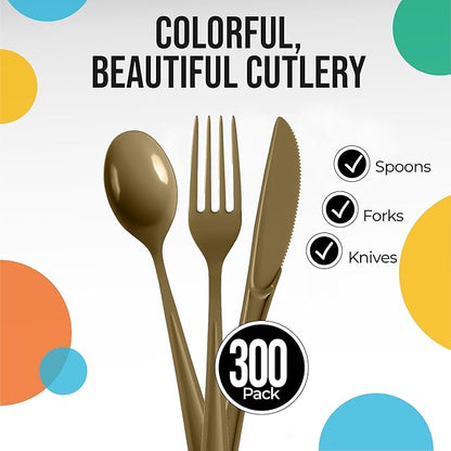 Gold Plastic Silverware Heavy Duty 300 Pieces Gold Disposable Silverware Heavy Duty, Utensil Sets, 100 Of Each Forks, Knives & Spoons Disposable Cutlery Set For Party Supplies