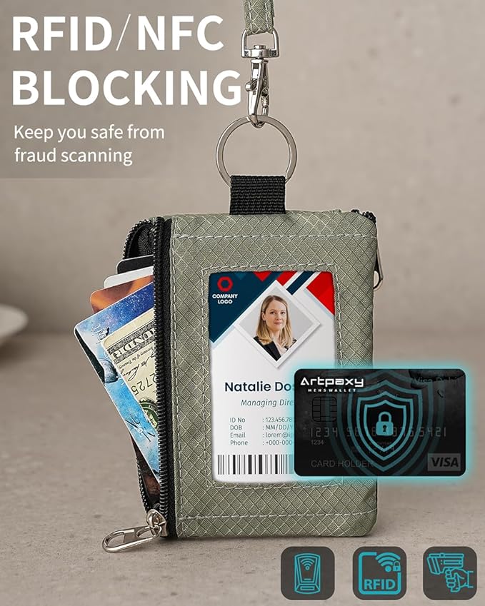 Minimalist Wallet For Mens Womens, Keychain RFID Blocking Zipper Small Wallet with ID Window 2 Lanyards,Water Resistant Travel Cash Card Coin Case Boys Girls