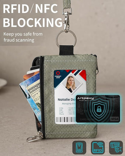 Minimalist Wallet For Mens Womens, Keychain RFID Blocking Zipper Small Wallet with ID Window 2 Lanyards,Water Resistant Travel Cash Card Coin Case Boys Girls