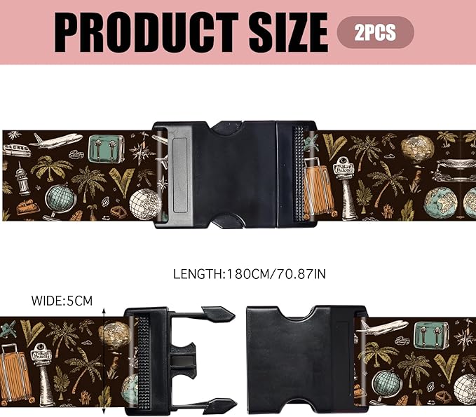 Nuxovilar Luggage Straps of 2 Set Travel Elements Pattern, 1.96x90.5 inches - Luggage Straps for Suitcases, Perfect for Global Travel, Adventures, Business Trips