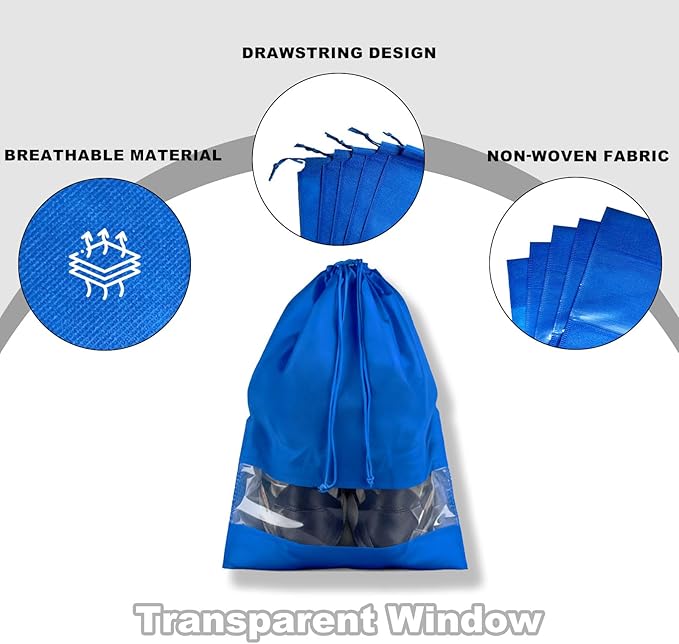 20 Pack Shoe Bags for Travel, 17" x 12.6" Drawstring Shoe Organizers with Clear Window, Breathable Non-Woven Dustproof Pouches for Luggage & Closet (Blue)