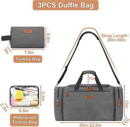 Canvas Mens Duffle Bag for Travel - Expandable 50L Weekender Bags with Toiletry Bag, Overnight Bag Travel Duffel Carry On Luggage with Removable Shoulder Strap, Durable & Water-Resistant