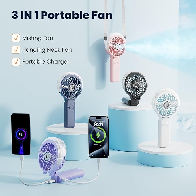 HandFan 5200mAh Upgraded Personal Misting Fan, Rechargeable Handheld Mister Fan, Spray Water Mist Fans, Portable Cooling AC, Electric Mini Hand Fans for Beach Travel Outdoors(White)