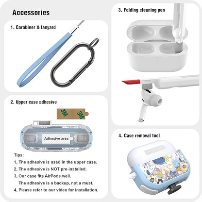 WENEW for AirPods Pro 3 Case (2025) Cover Secure Lock Automatic Snap Switch Clip Cleaner Kit Lanyard Women Stylish Flower Hard Shell Full Body Front LED Visible (Blue Flower, AirPods Pro 3)