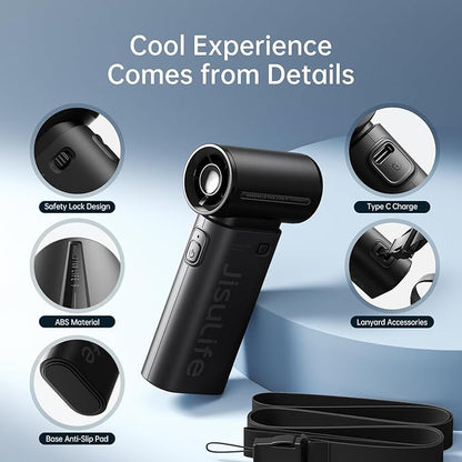 JISULIFE Portable Handheld Fan Life9, Turbo Power High Speed Air [12H Max Cooling Time], 5 Gear Wind, 3600mAh Rechargeable, Mini Pocket Design, Personal Fan for Travel Concerts Camping Makeup - Black