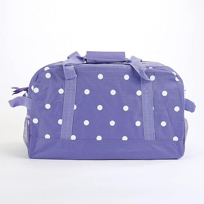 Lillian Vernon Personalized Duffel Bag for Kids, Roomy Purple and White Polka Dot Weekender With Front & Side Compartment, Customizable Girls Sports & Travel Bags With Custom Name, 9" x 10 ½" x 19"
