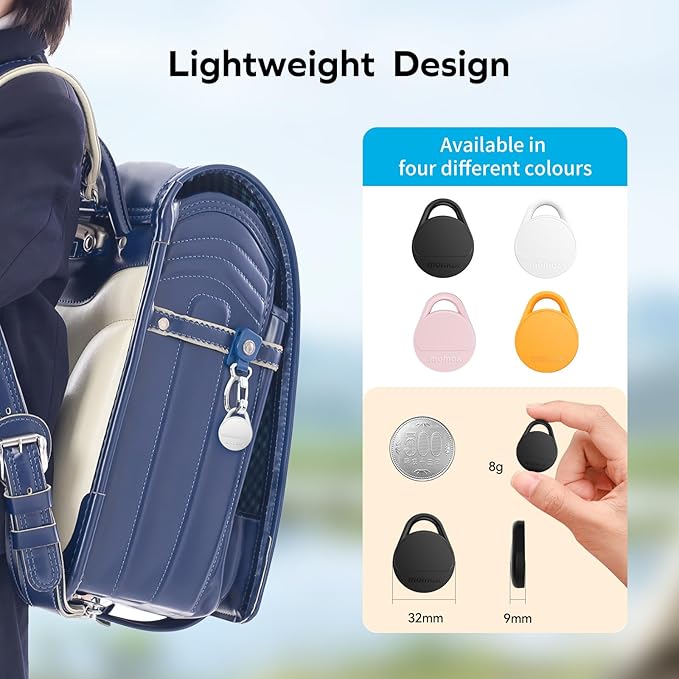 Momax Air Tracker Tags 4 Pack, [Apple MFi Certified], Replaceable Battery Bluetooth Tracker Compatible with Apple Find My (iOS Only), DIY Stickers, Item Finder Smart Tag for Keys, Wallet, Luggage