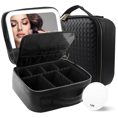 MOMIRA Travel Makeup Bag Cosmetic Bag Makeup Organizer Bag with Lighted Mirror, Adjustable Brightness in 3 Color Scenarios, Waterproof Makeup Train Case, Gift for Women - Woven black