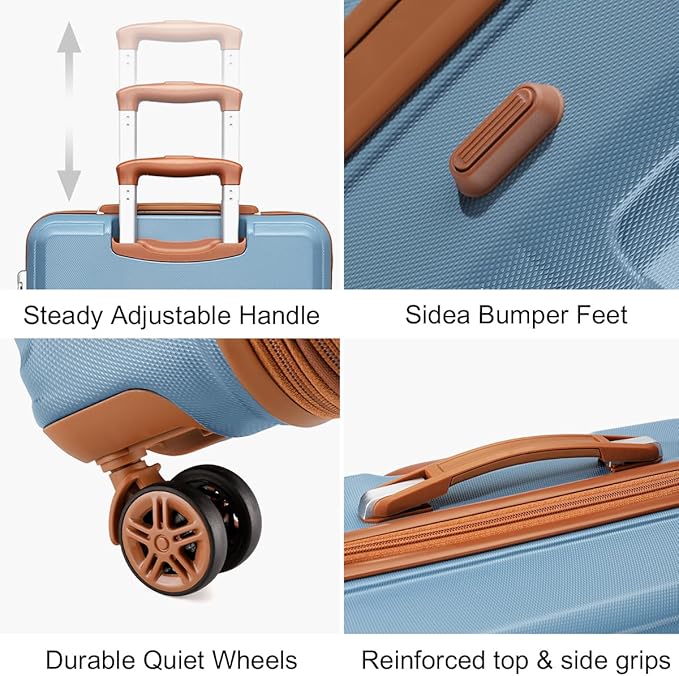 Kono 4 Piece Luggage Sets Expandable(only 28") with Spinner Wheels TSA Lock Lightweight PC+ABS Hardside Travel Rolling Suitcases 20in 24in 28in Carry on and 12in Mini Cosmetic Case Apricot Blue