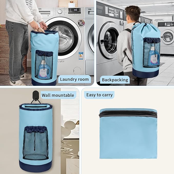 Laundry Bag Backpack with Shoulder Straps and Mesh Pocket Foldable Clothes Hamper Bag with Drawstring Closure for College, Apartment, Laundromat (Light Blue)