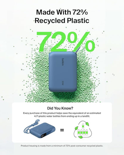 Belkin Portable Charger, Slim USB-C Power Bank 10,000mAh w/ 2 USB-C Ports, Digital Battery Display, 20W Charging Battery Pack - iPhone 17, Air, Pro, Samsung Galaxy S25, Pixel 10, iPad, & More - Blue